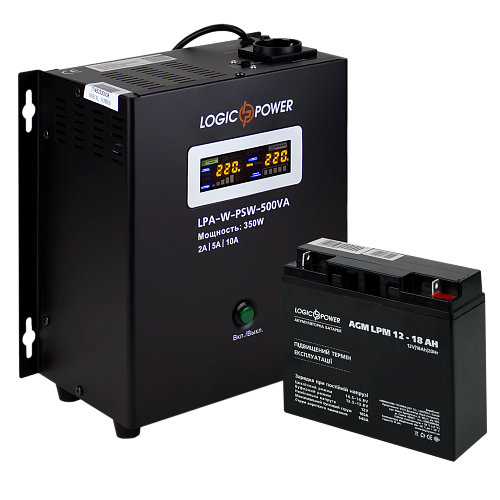 Комплект ДБЖ Logicpower LPA-W-PSW-500VA(350Вт)2A/5A/10A+Акумулятор AGM LPM 12V-18